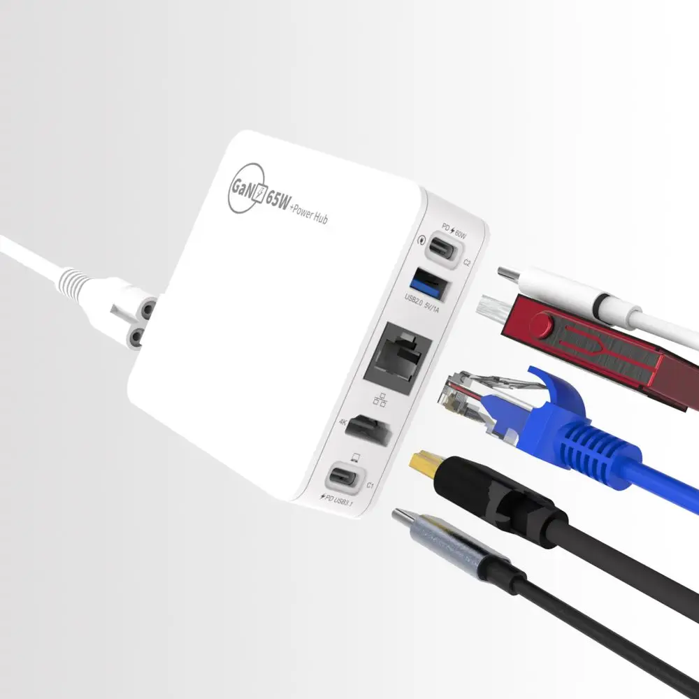 USB C PD QC Fast Charger 65W GaN Powerhub 5 ports Type-C HDMI USB3.0 RJ45 USB C Docking Station