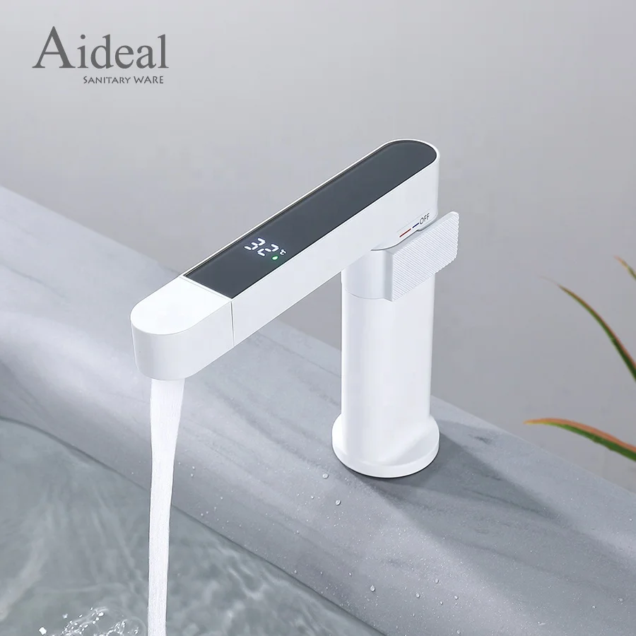 Aideal stylishly designed double control pure white 360 rotating pull out bathroom basin faucet with sensor