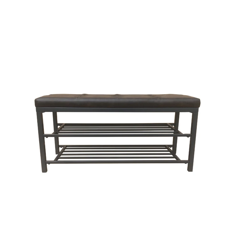 HONGJIA HJCH2125L Simple Design Modern  2  tier Metal  Shoe Rack Cabinet with PU Seat  Holder Shelf Stand for Home