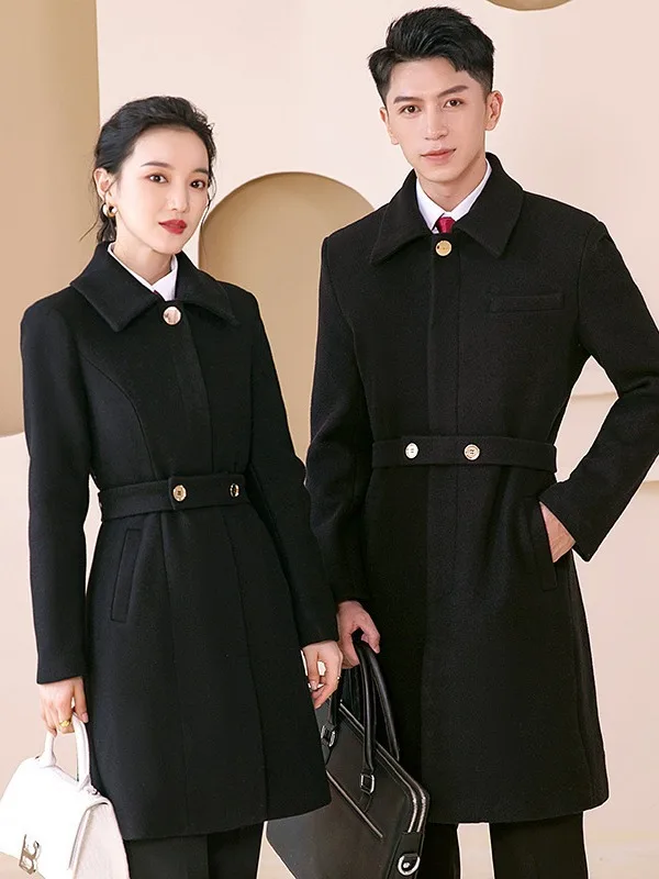 2024 OEM Custom men uniform custom logo polyester flight attendant tweed coat men hotel service clothes warm men work uniforms