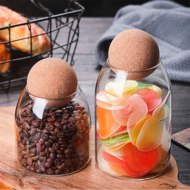 Custom Cute Decorative 550ML/18Oz High Borosilicate Glass Storage Container with Air Tight Ball Wood Cork Lid