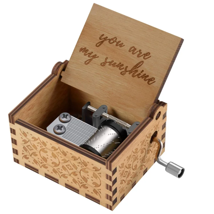 Sunshine Music Box Day Laser Engraved Rustic Vintage Wooden Christmas Battery Square