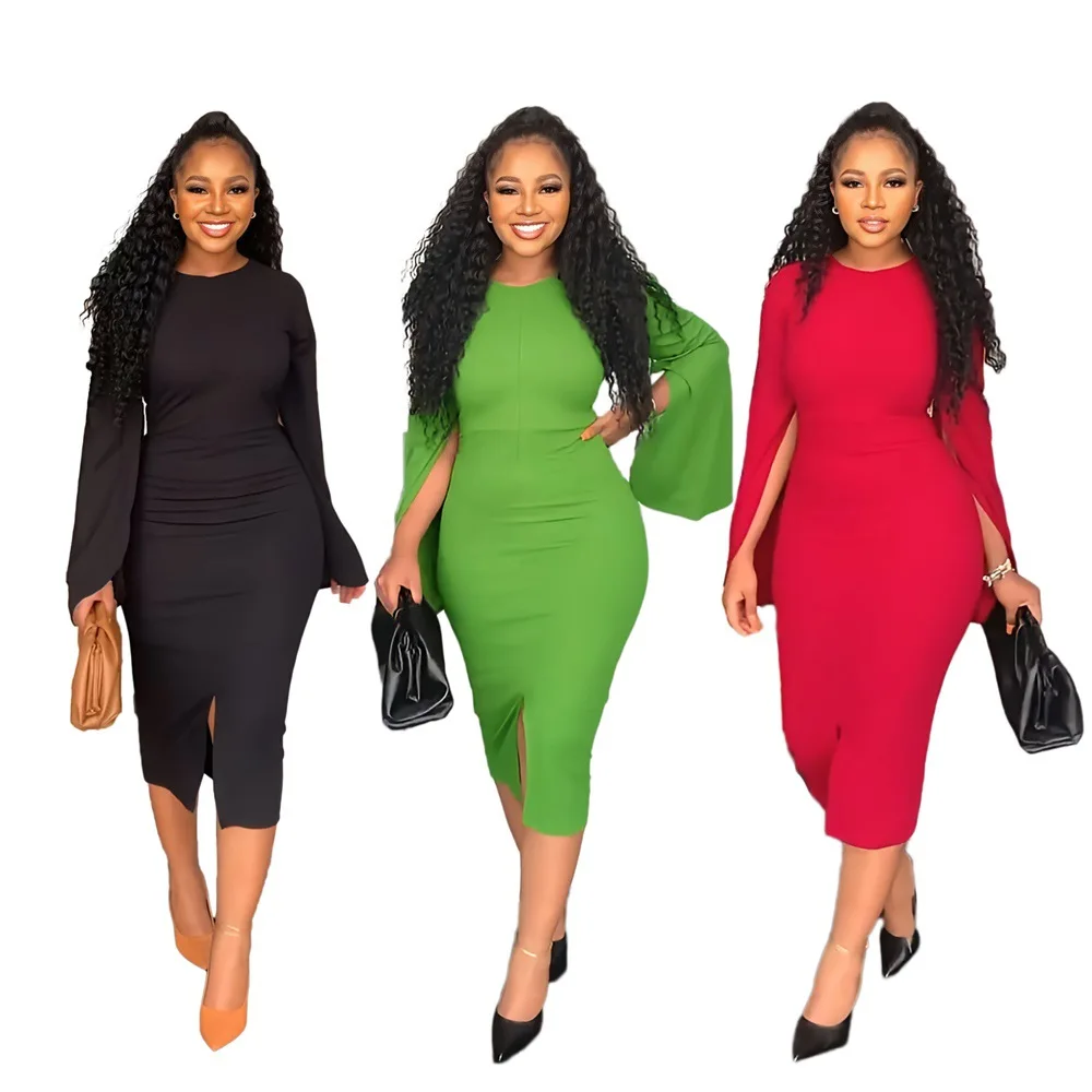 Sexy Dresses for Women Long Sleeve Bodycon Spring Summer Midi Dress Ladies Work Office Solid Color Fashion Dress