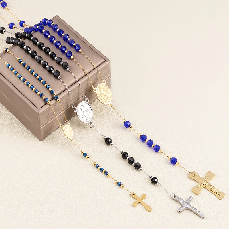 Stainless Steel Necklace with Blue Black Crystal Beads Chain Catholic Rosary Virgin Cross  Perfect Gift Christians Jewelry