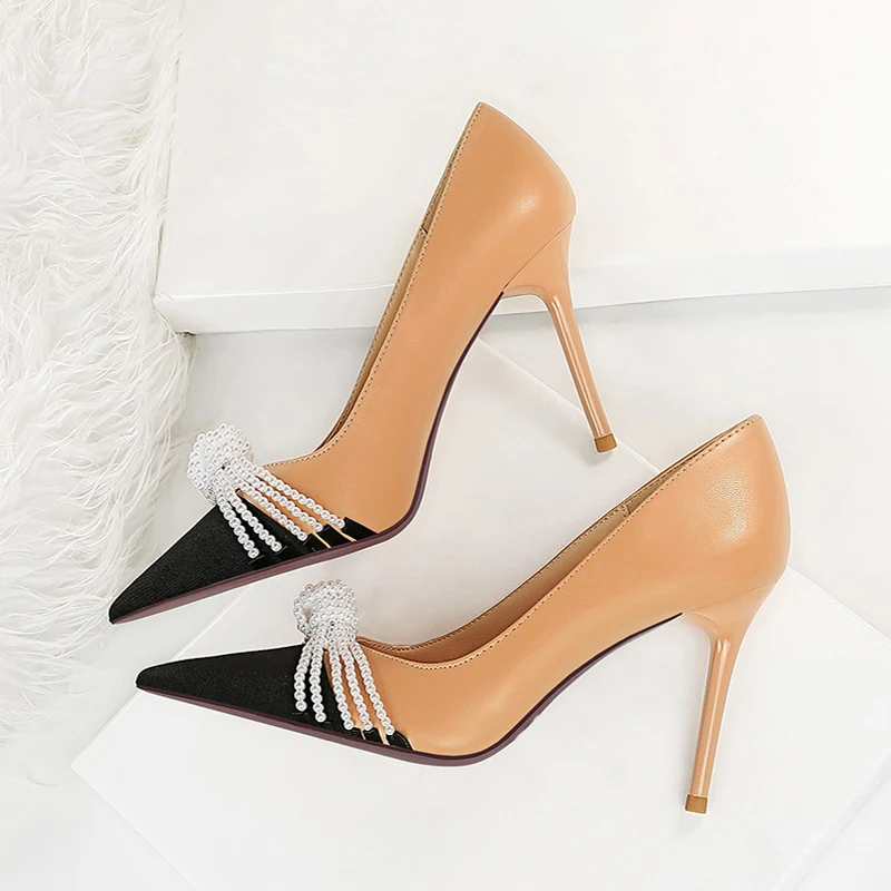 Size 34-43 Women Pumps Mixed Color Fashion Pointed Toe Thin Heel New Style String Beaded Office Ladies Spring Footwear