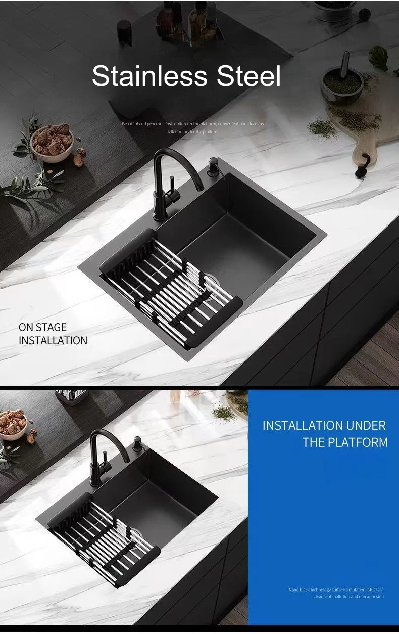 Wholesale Good Quality Stainless Steel Thickening 60*45 cm Single Bowl Nano Handmade Black Kitchen Sink