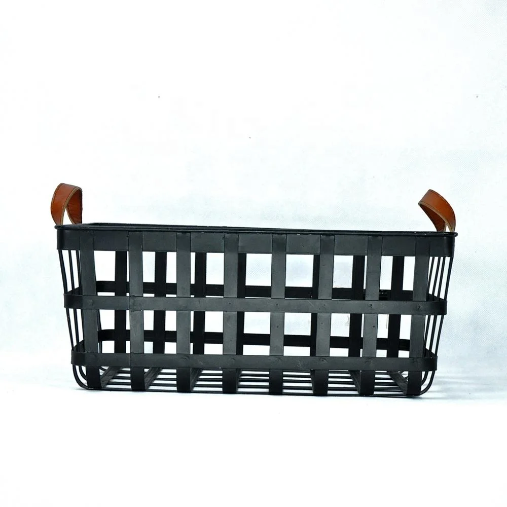 IVYDECO Set of 3 Antique Metal Storage Baskets Vintage with Leather Handles Industrial Handcraft Black Neatening/storage Baskets