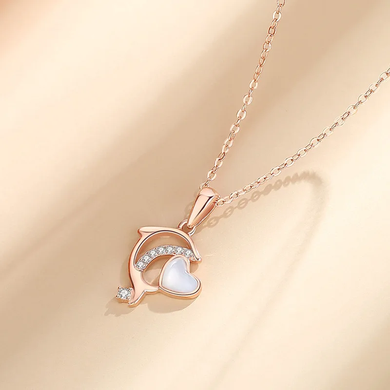 Fashion Jewelry S925 Sterling Silver Plated Romantic Rose Gold Love Dolphin Necklace Pendant For Girlfriend Gift