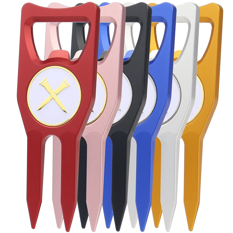 New design pure color aluminium alloy golf repair divot tool ball marker customized golf grip holders bottle opener ball markers