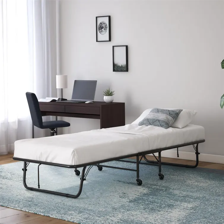 Kainice freestanding metal bed base foldable portable folding strip single bed with trundle frame one piece