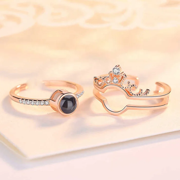 Isunni Hot Sale Crown Projection Ring S925 Sterling Silver 100 Languages I Love You Two in One Combination Ring