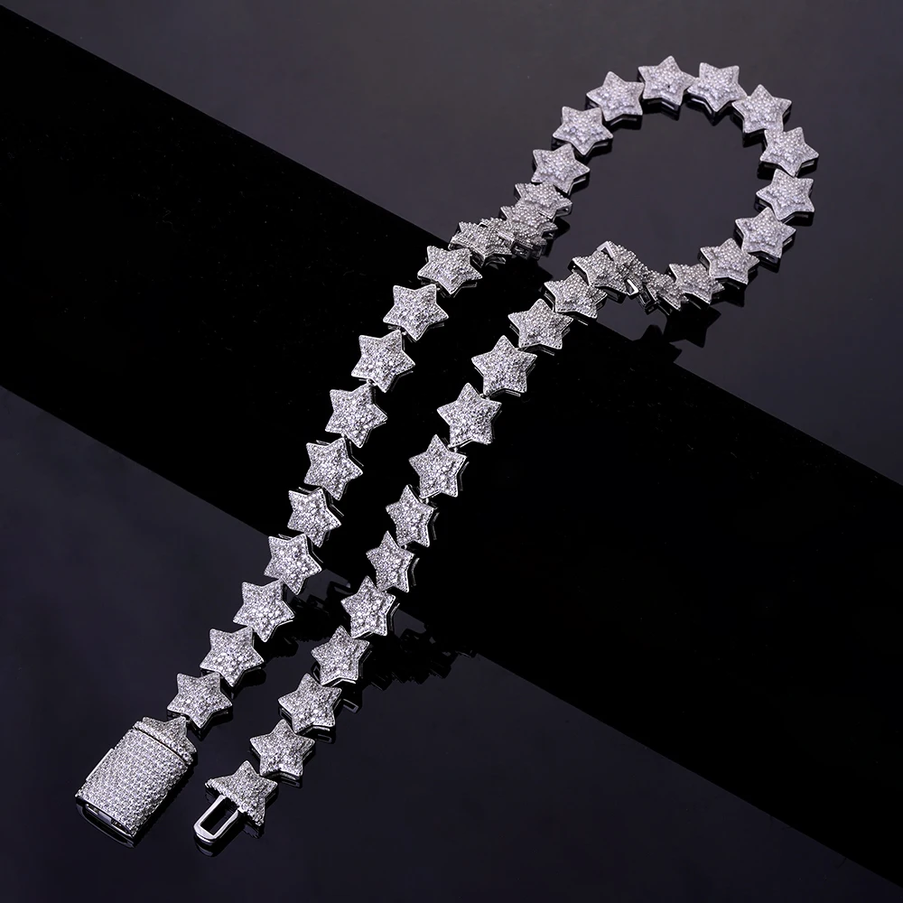 Rapper Star Iced Out 925 Silver Real Gold Plated Cubic Zirconia Star Bubble Cuban Link Chain  Miami Necklace For Men Women