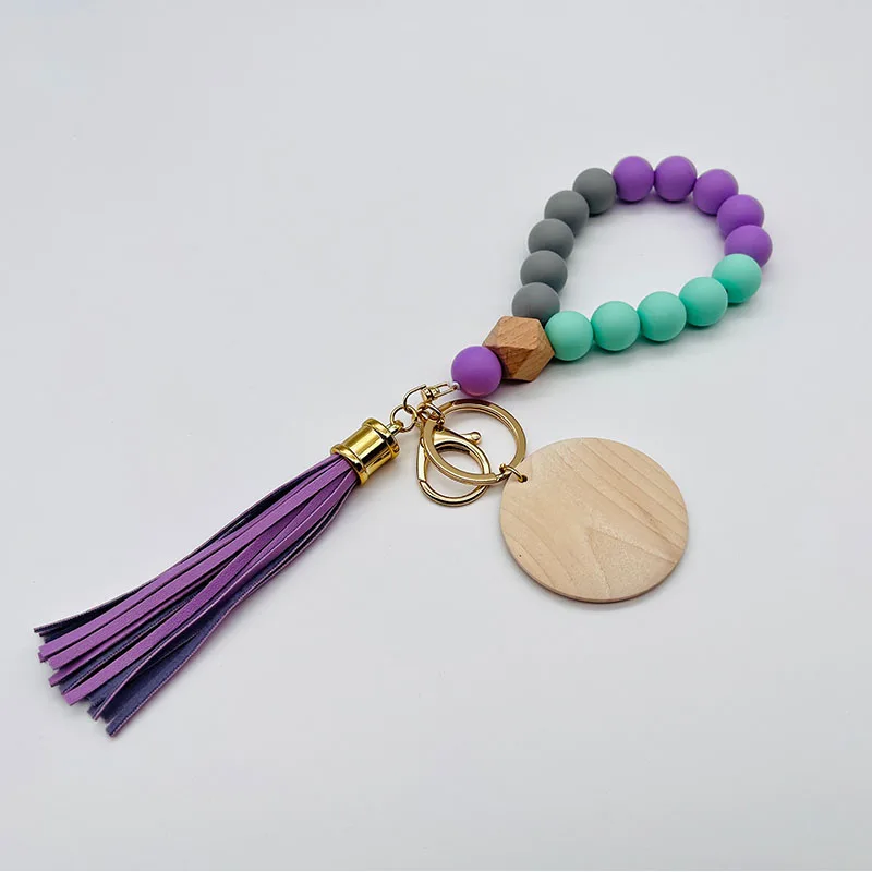Customized Tassel Silicone Bead Bracelet Keychain Wristlet Elastic Macrame Beautiful Wood Silicone Beaded Monogram Keychain