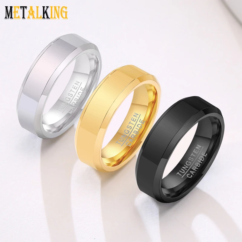 6mm High Polished Black Tungsten Rings for Men Women Wedding Bands Beveled Edges Comfort Fit