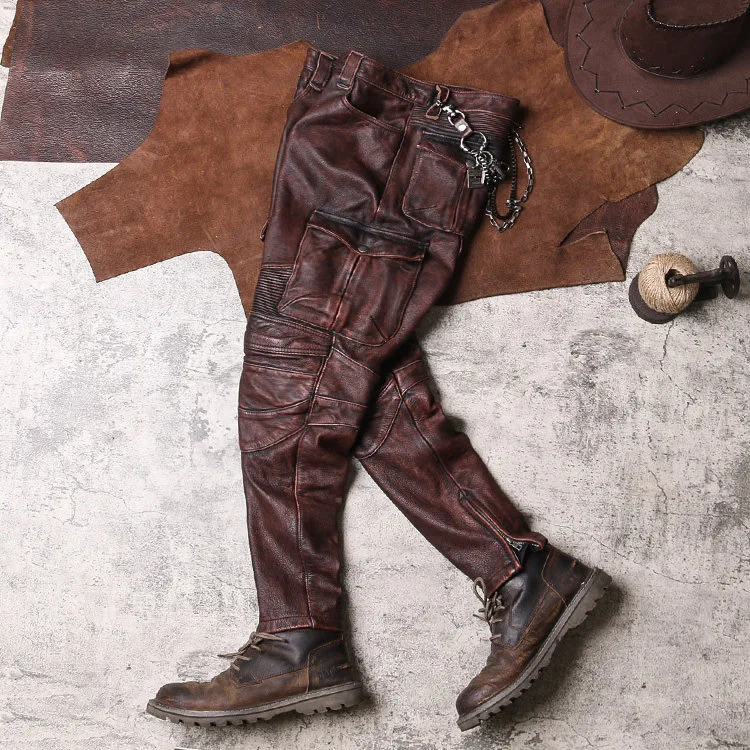 Mens Genuine Cow Leather Pants Real Leather biker Pants Punk Jeans Trousers motorcycle Bikers Pants