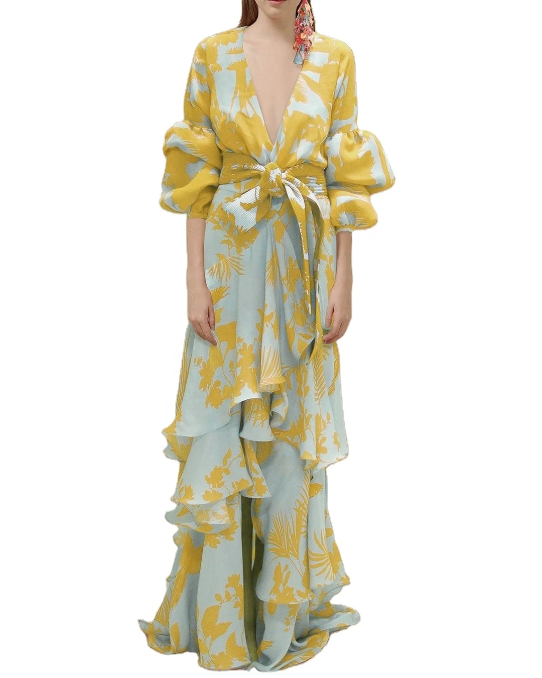 Custom Wholesale High Quality European And American Fashion Printed Holiday Chiffon Dress Deep V-Neck Irregular Boho Maxi Skirt