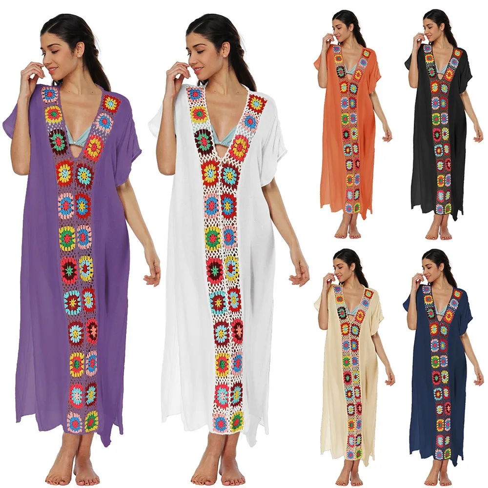 Wholesale Summer Granny Square Crochet Beach Maxi Long Dress Coverups Women Vestido Bohemio De Playa