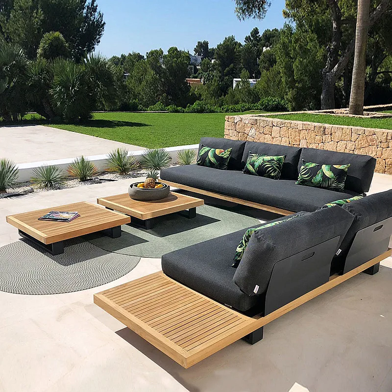 Simple Modern Waterproof Teak Wood Furniture with Cushions Living Room Balcony Garden Patio Hotel Sectional Outdoor Sofa