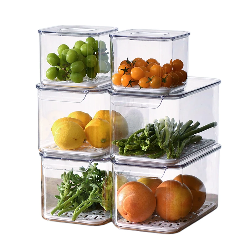 Kitchen PET Refrigerator Food Fresh Keeping Storage Container with Drain Board Stackable Clear Fridge Organizer Bins with Lids