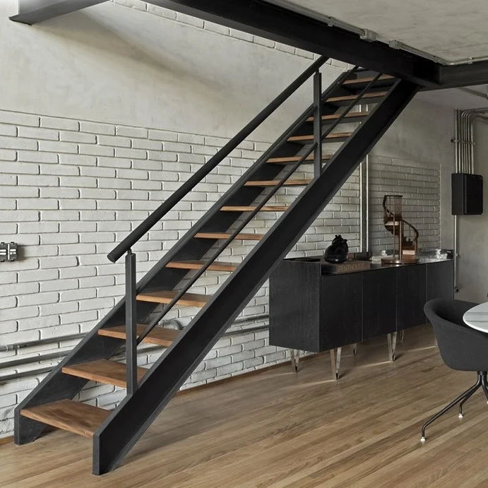 Good Quality Apartment Double Steel Stringer Glass Wood Step Straight Stairs LED Staircases with Glass Railing