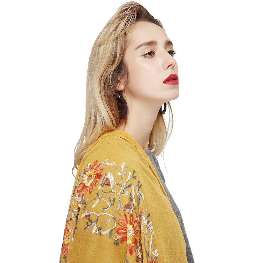 New Style Scarf Summer Linen Cotton fabric Women Neck Embroidery Flower Scarf Shawl for Women Hijab Custom Logo Label Scarf