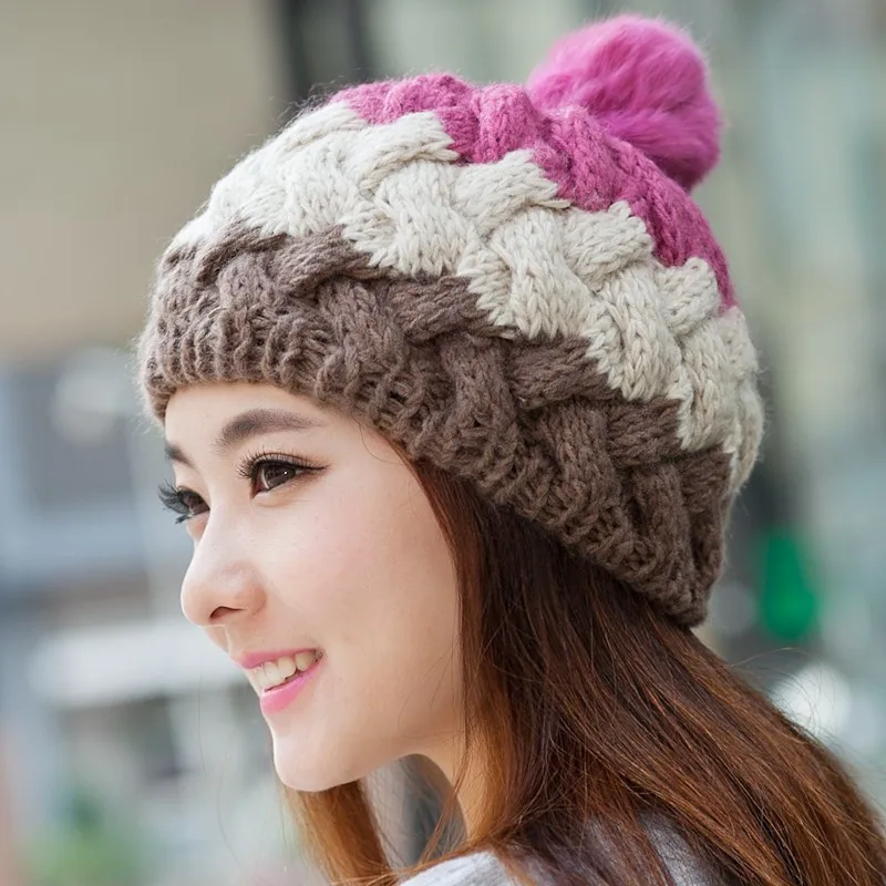 Rabbit Fur Pompoms Winter Mohair Hats for Women Acrylic Knitted Outdoor Skullies Beanies Genuine Fur Ball Caps Skiing Beanies