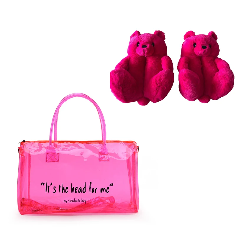 Hot Overnight Bag And Teddy Bear Slippers Set Selling Travel Custom Clear Pvc Spend The Night Bag Pink Gym Duffle Sports Bag