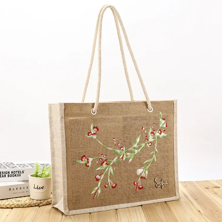 YIMYIK Natural Burlap Handbag Embroidered Printed Jute Bag with Reusable Jute Bag Laminated Handle