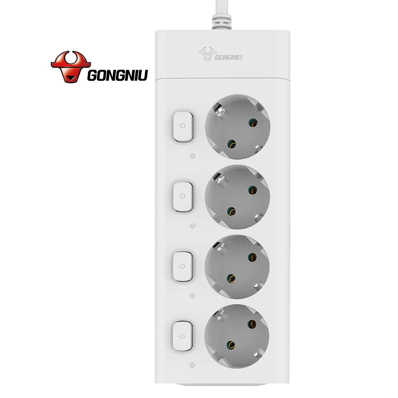 GONGNIU 4 AC 4 Switches Socket Electric Germany Plug 16A 250V Safe Power Strip with 5M Cord Power Outlet