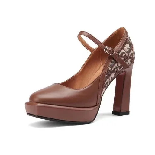 Popular Mary Jane Style genuine leather platform block high heel women pump shoes