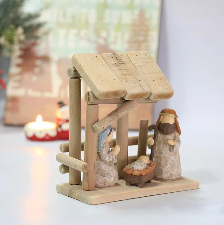 Christmas manger figures with wooden house Nativity ornaments home living room table top holiday decoration gift