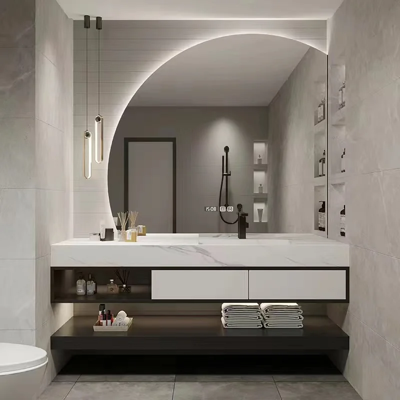 Modern designer bathroom vanity furniture mirror with lights double sink set with ceramic basin cabinet