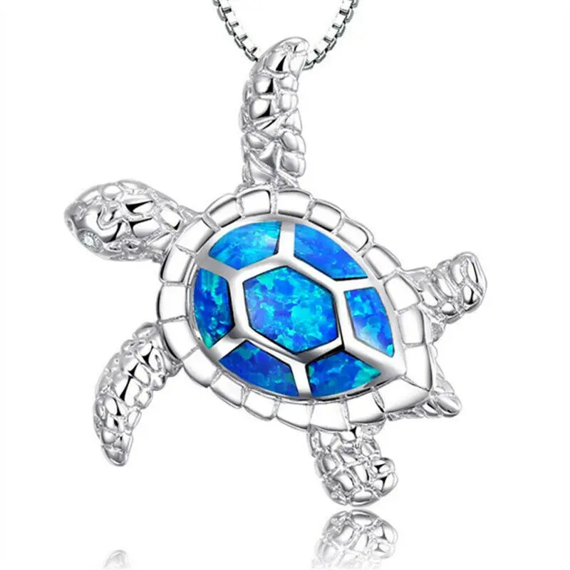 Bohemia Blue Opal Cute Turtle Animal Pendant Necklace For Women Charm Crystal Ocean Animal Necklaces Jewelry for Women