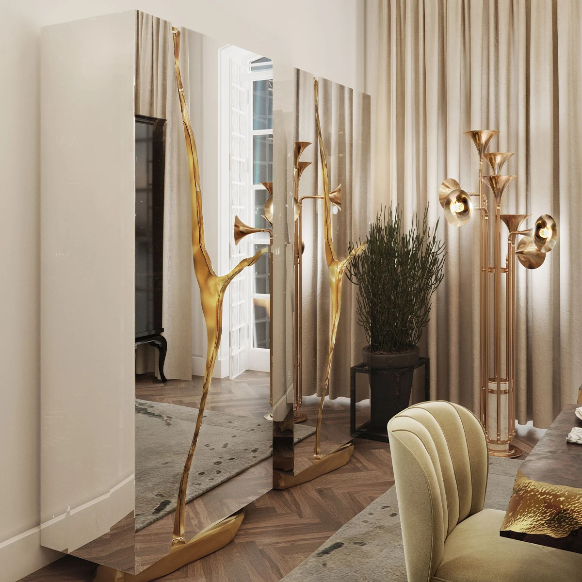 Contemporary Karst-Inspired Cabinet - Walnut Veneer, Polished Brass, Poplar Root Interior