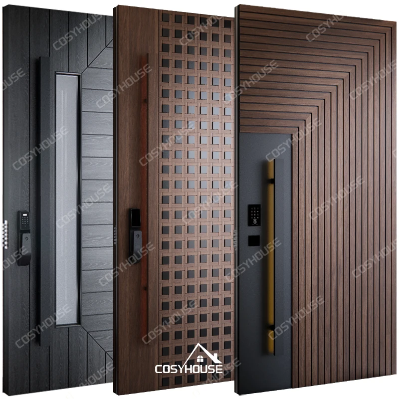 Foshan top manufacturer modern wooden main entrance doors for villa solid wood entry doors front wooden pivot doors for house