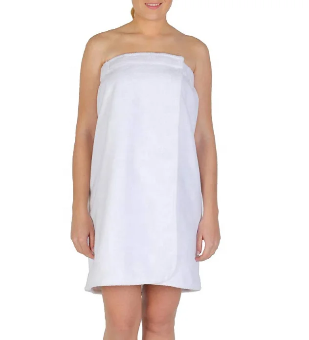 Customized super absorbent 100% cotton terry/velour shower bath skirt wrap towel dress with elastic for spa shower