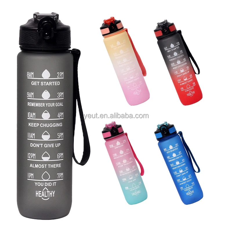 1L 32 oz Straw Strainer Filter Gym Fitness Sports BPA Free Tritan Motivational Water Bottle With Time Marker