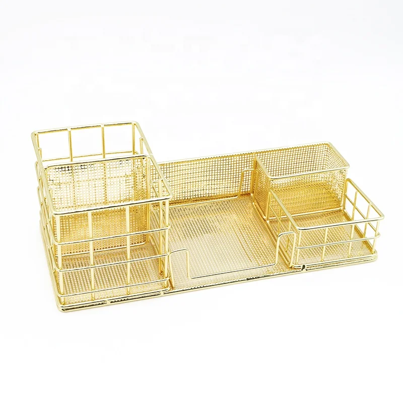 Gold Desktop Storage Manufacturer Custom Books Pens Organizer Basket