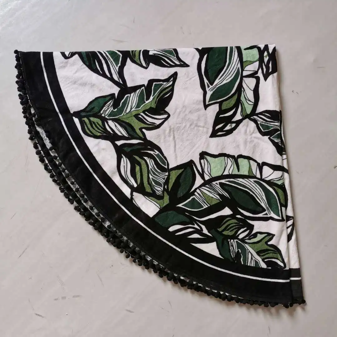 
Green Leaves Design Black Pompom Edges Cotton Print Round Beach Towel 