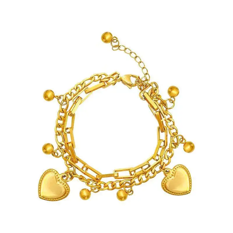 Fashion double stainless steel bracelet Gold heart-shaped laminated titanium steel bracelet male and female charm braceletgifts