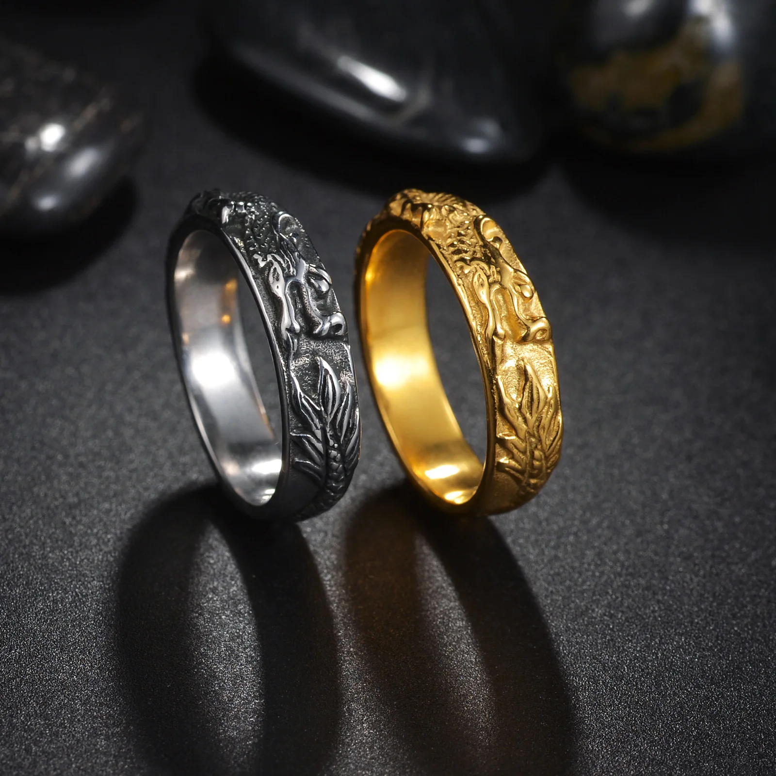 2024 Hot New Chinese Loong Style Stainless Steel Ring Gold Plated Punk Style Frosted Titanium Jewelry for Engagement Gift
