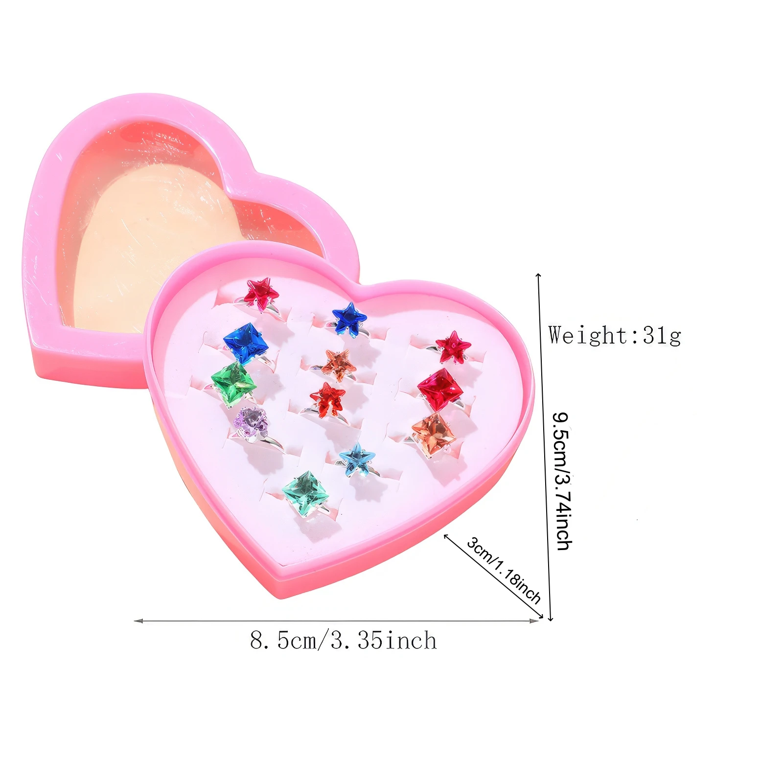 12pcs Little Girl Rhinestone rings Adjustable,Random Color Style Diamond Kids Play Rings in Box,Pretend Play and Dress Up Rings