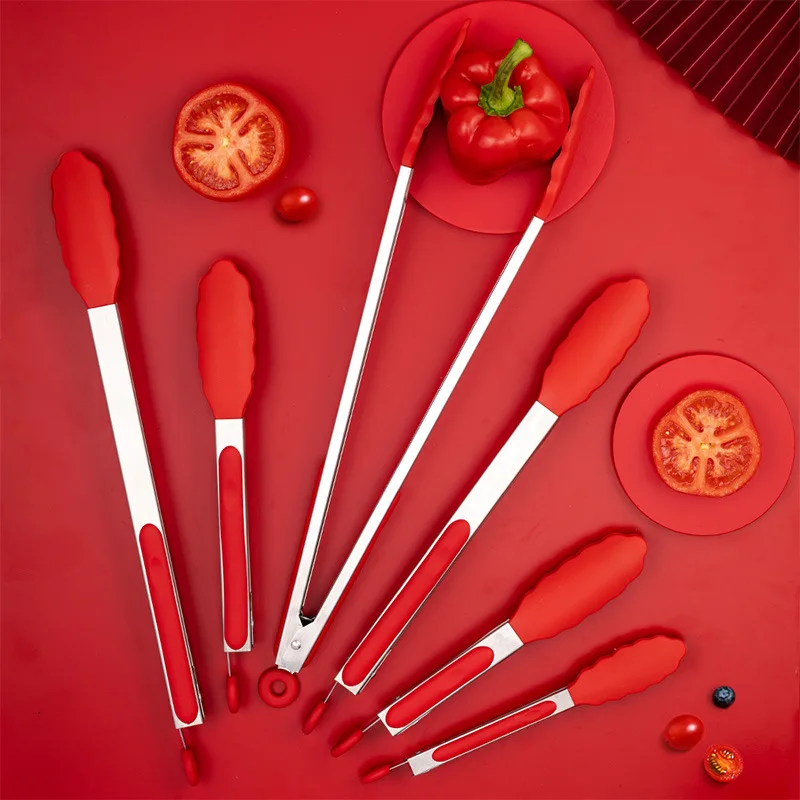 Wholesale BBQ grilling tong cooking kitchen tools stainless steel Non-slip bread silicone food tongs for BBQware