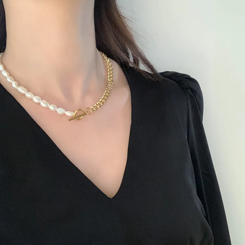 High quality gold plated fresh water pearl necklace jewelry OT buckle irregular natural real baroque pearl necklace for women