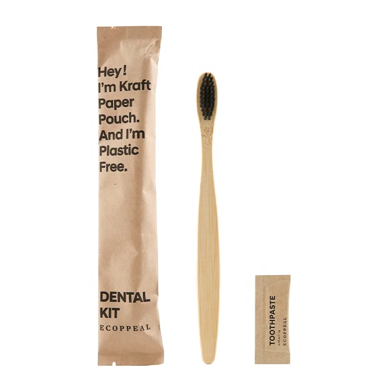 Biodegradable 100% Plastic-free FSC Kraft Sachet Hotel Dental Kits with Bamboo Toothbrush Toothpaste Tablets