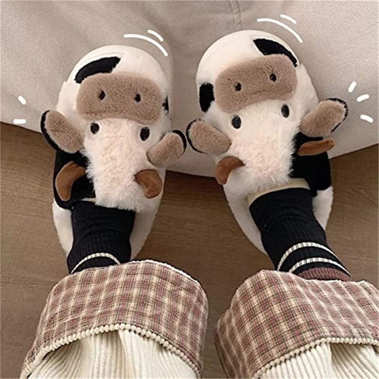 New Comfortable Soft Cute Cow Slippers for Women Girls Plush Fluffy Fur Slippers Cozy Fuzzy Home Slippers