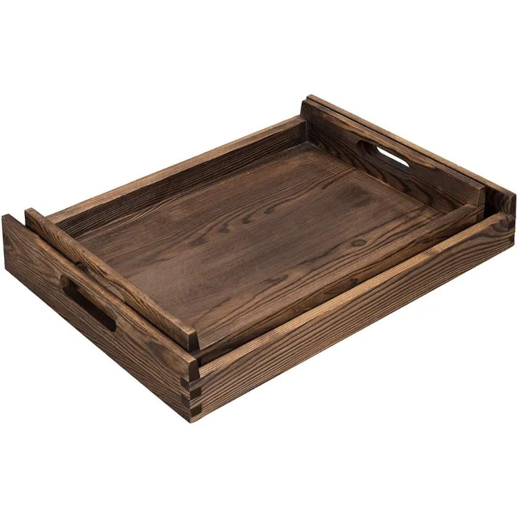 Dark Brown Solid Wood Nesting Serving Trays With Cutout Handles,Set Of 2