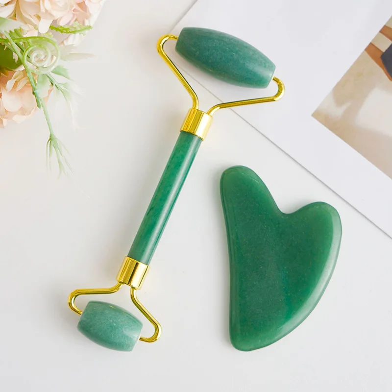 Factory Cheaper Price  Facial Natural Stone Green Aventurine Jade Roller Facial Skin Massage Roller And GuaSha Set