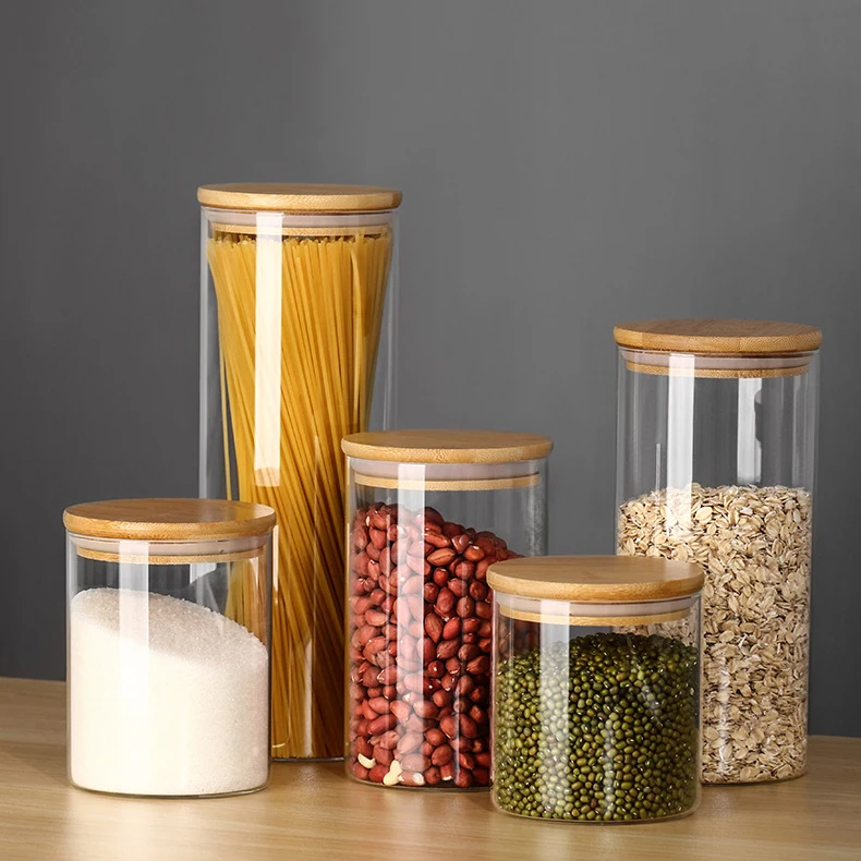 kitchen Borosilicate glass airtight Container Food Spice Coffee Storage jar set of 5 with Bamboo Lids