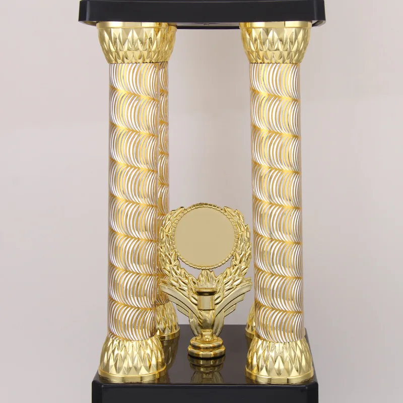 Antique Style Metal Color 4 Pillars Tower Big Trophy Iron Cup with UV Printing Plating Custom Engraving Souvenir Plaque Model